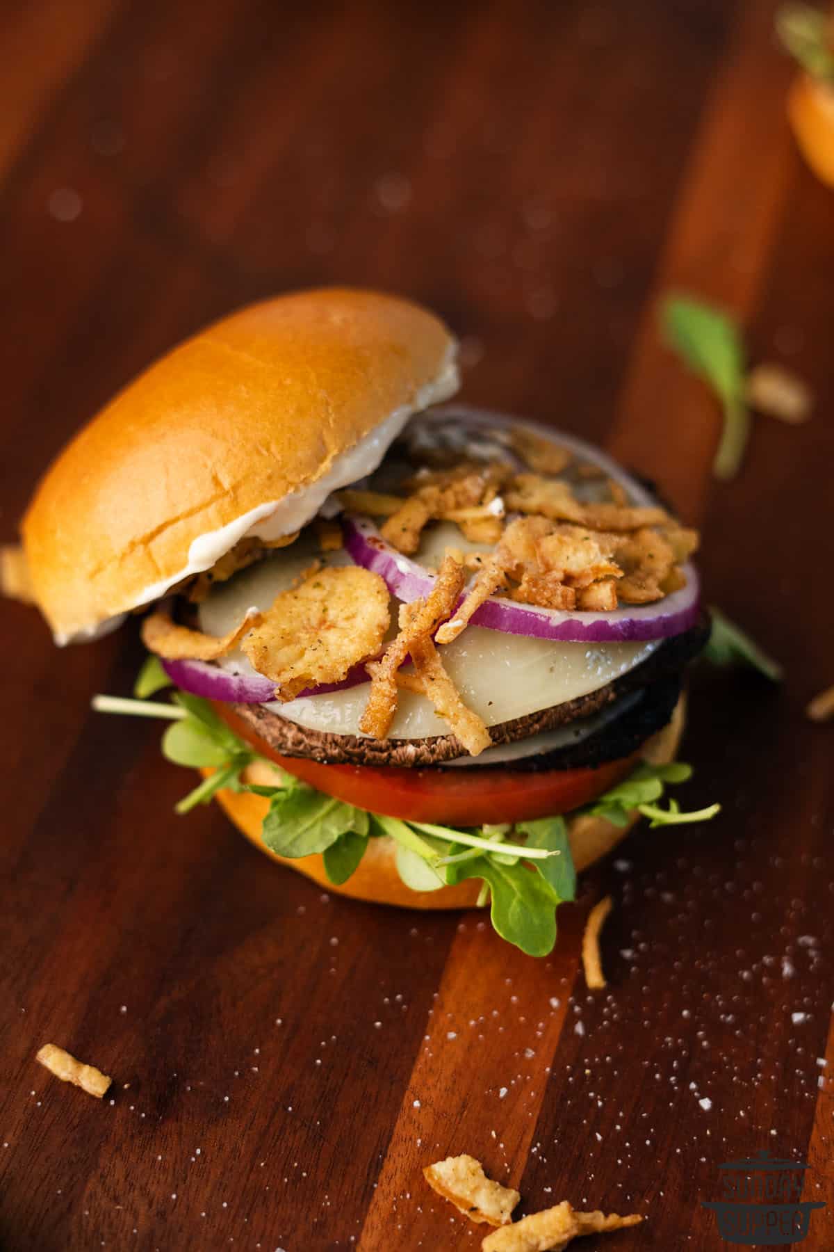 a mushroom burger with toppings