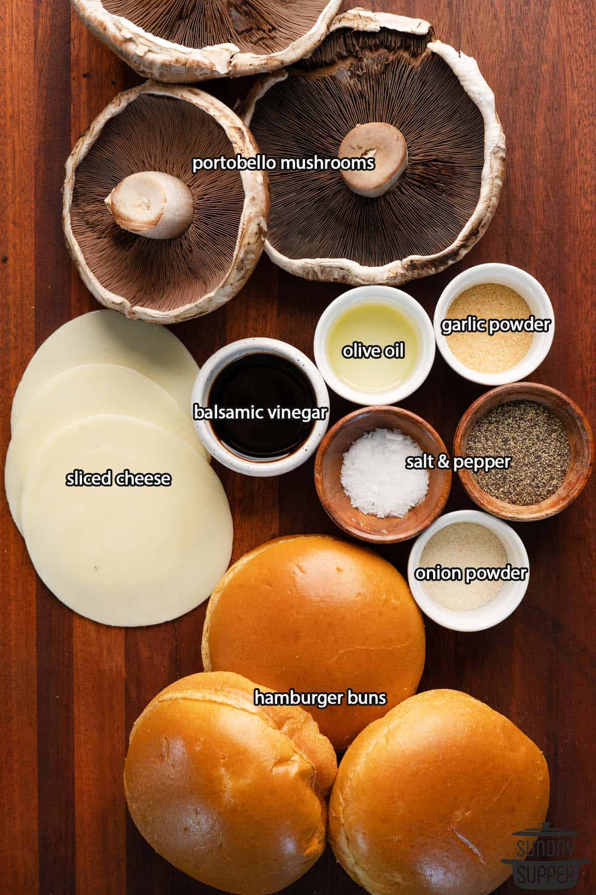 all the ingredients for portobello mushroom burgers with labels