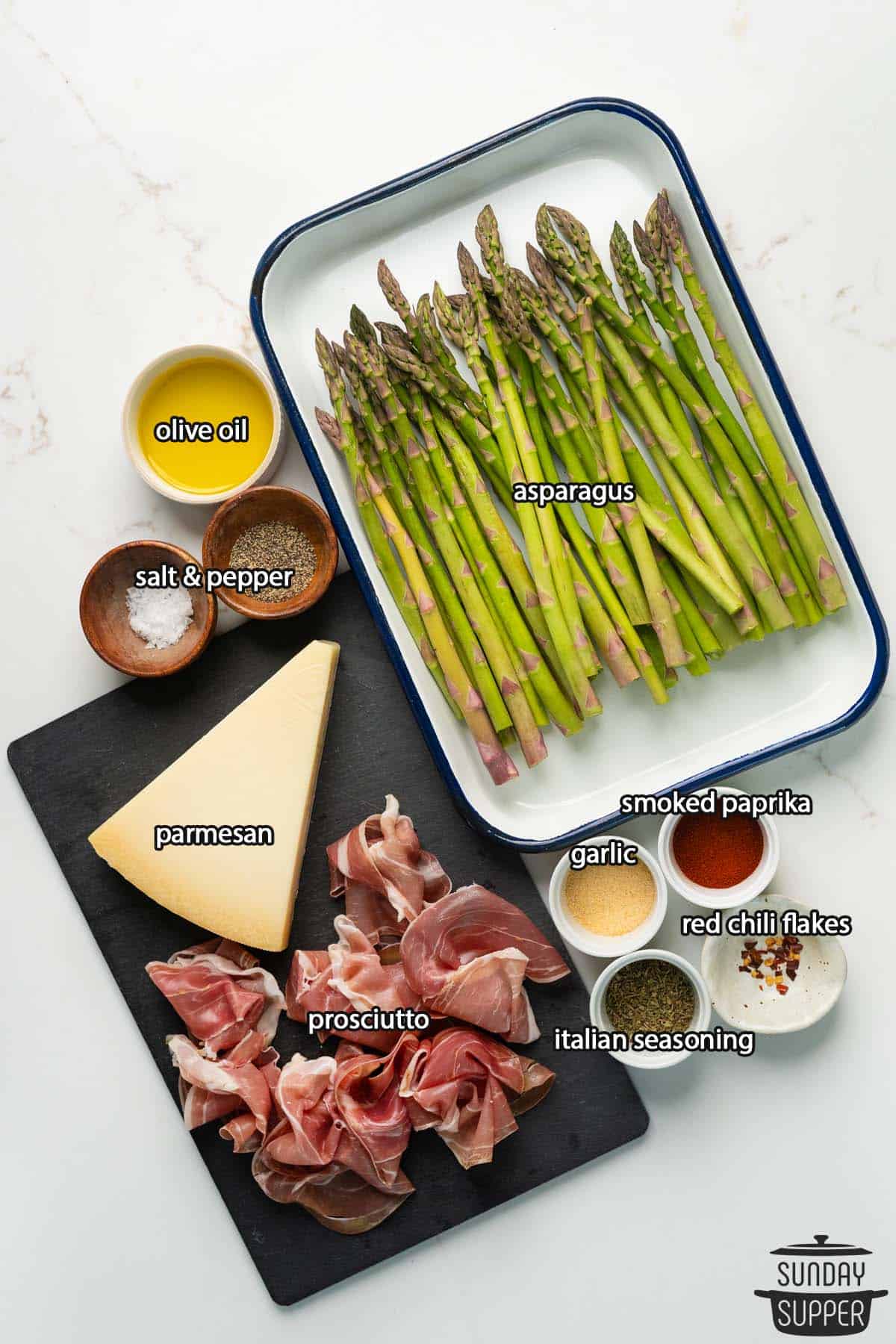 all the ingredients for roasted asparagus with labels