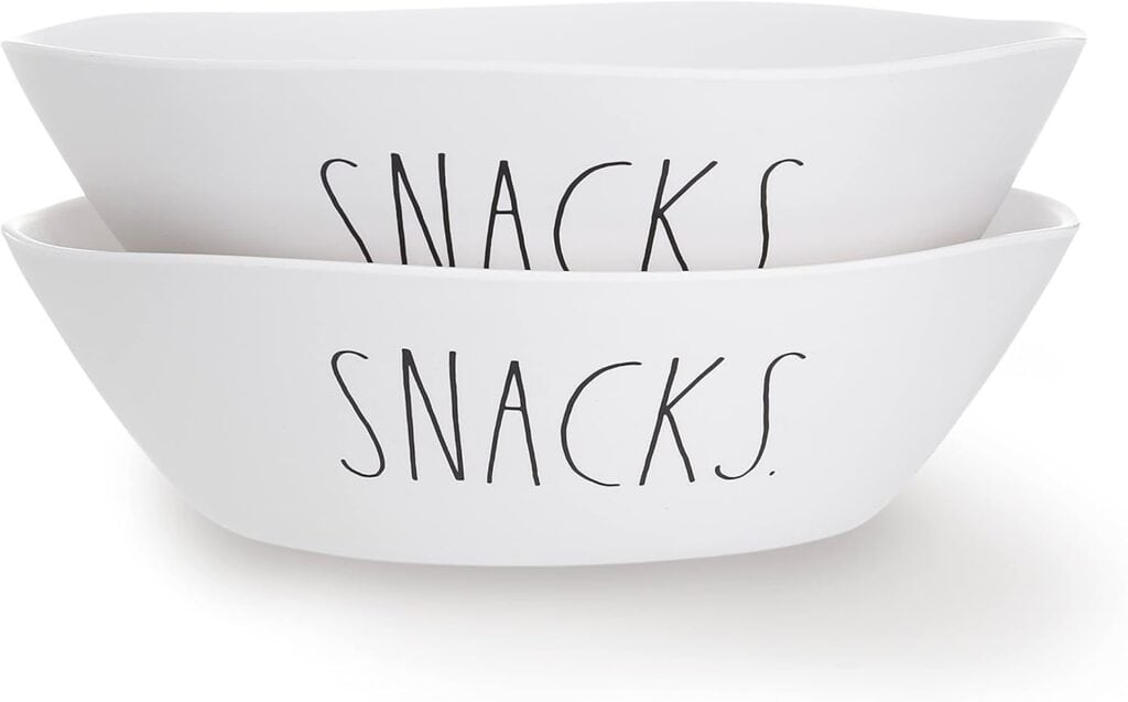 two white bowls that say "SNACKS"