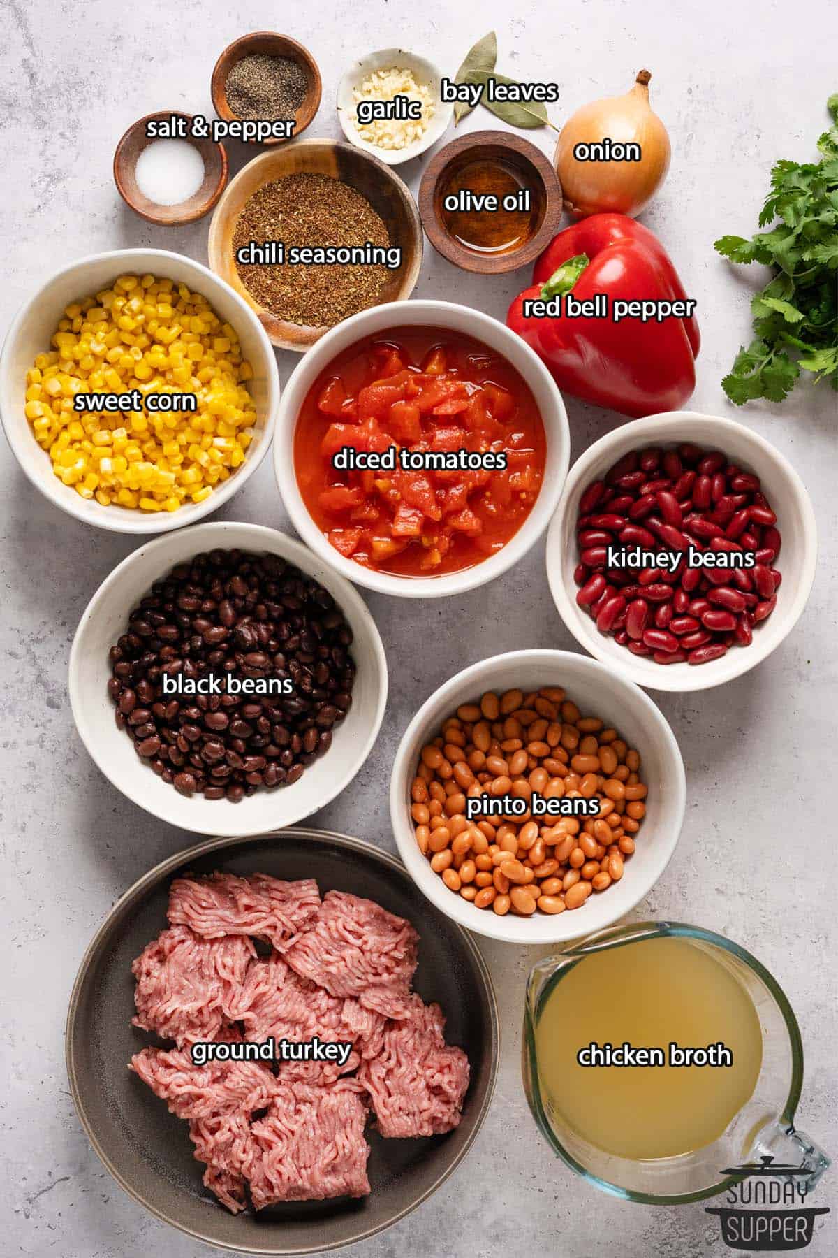 all the ingredients for turkey chili with labels