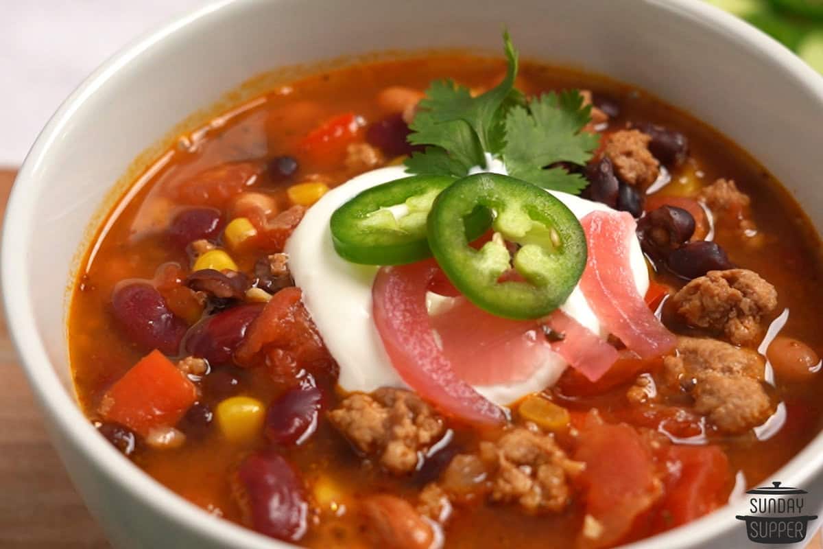 a serving of turkey chili ready to eat