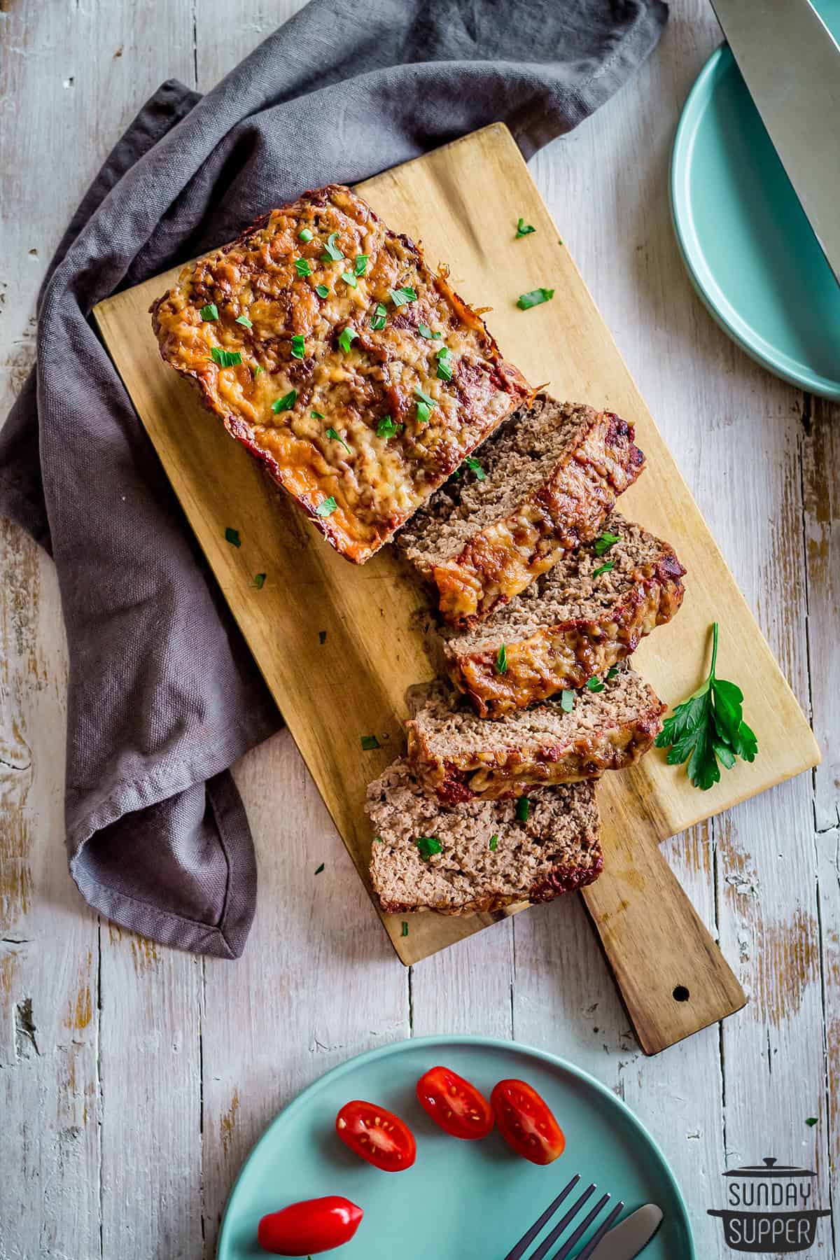 keto meatloaf sliced on a cutting board