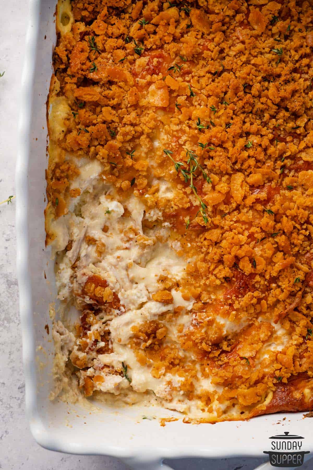 a casserole dish filled with chicken casserole