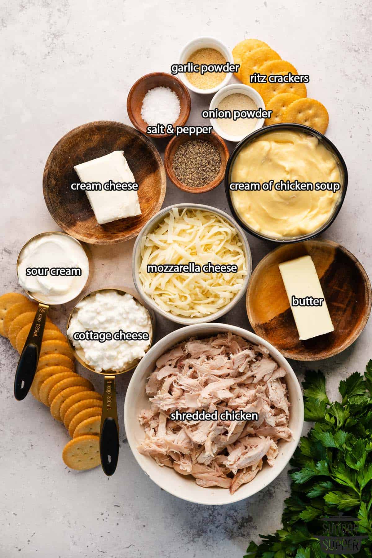 all the ingredients for million dollar chicken casserole with labels