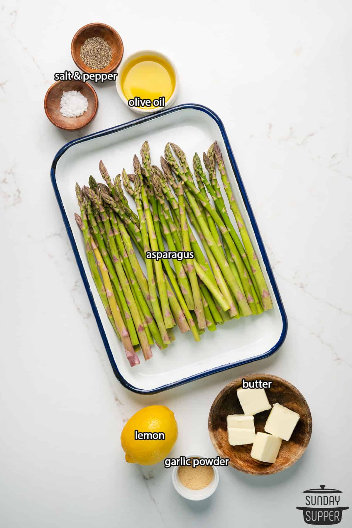 the ingredients for sauteed asparagus with labels