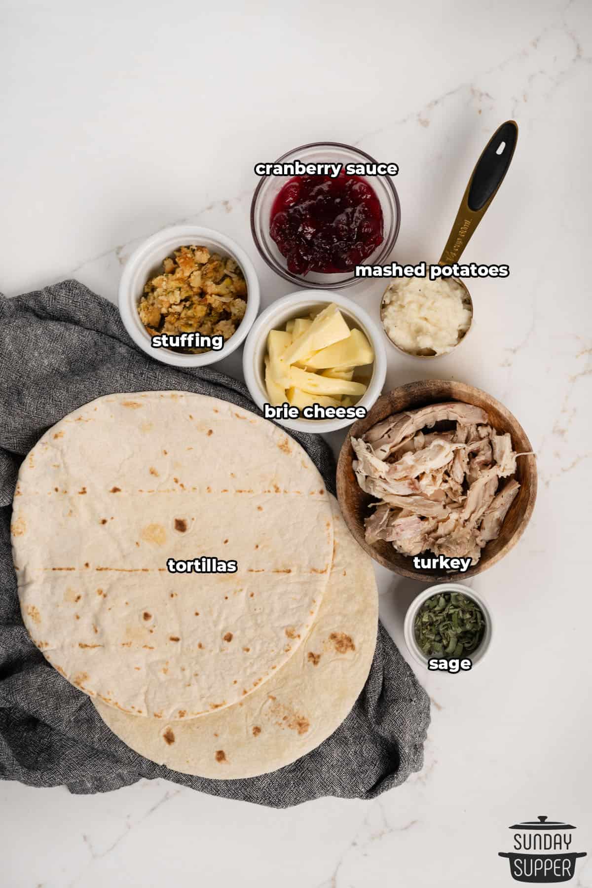 the ingredients for turkey quesadillas with labels