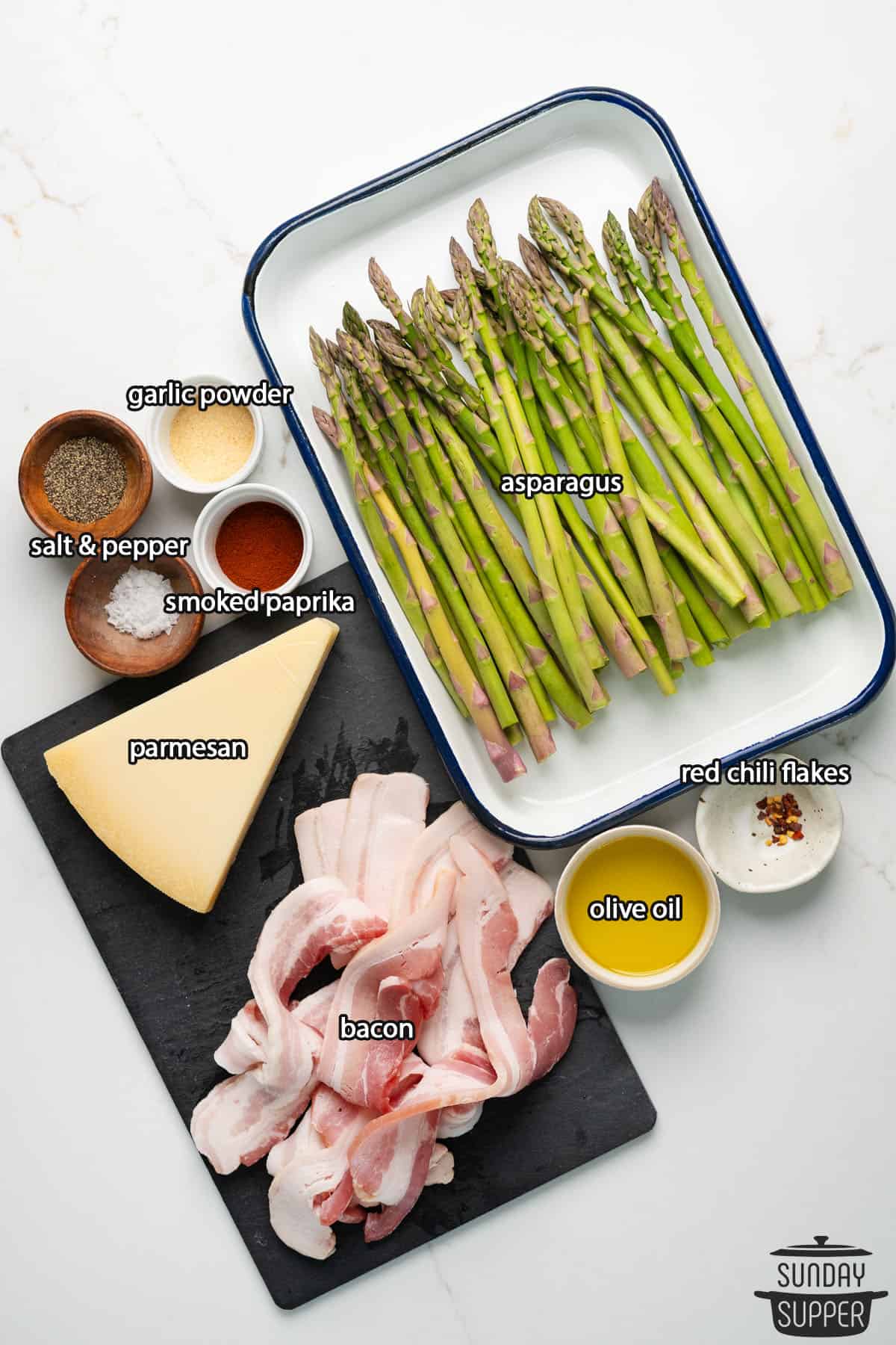 ingredients to make bacon wrapped asparagus with labels