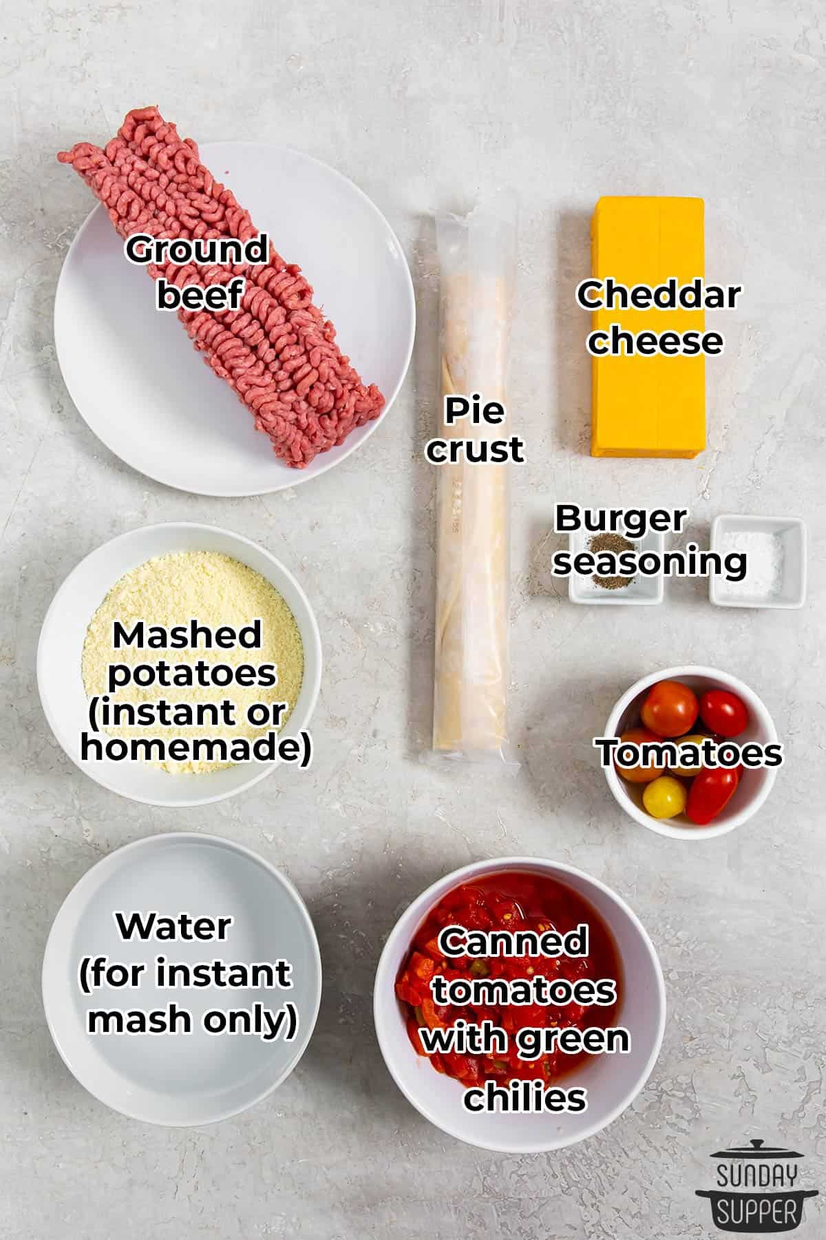 cheeseburger pie ingredients with labels