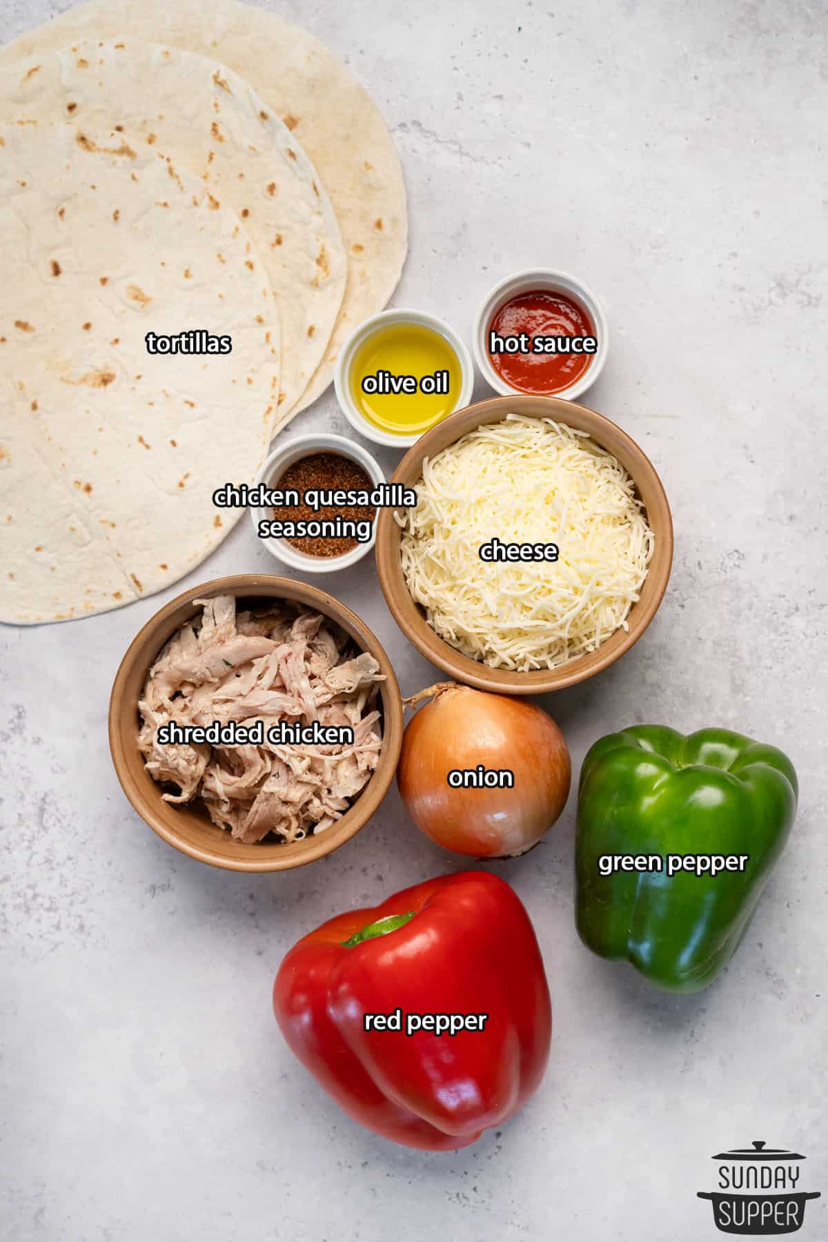 the ingredients for crispy chicken quesadillas with labels