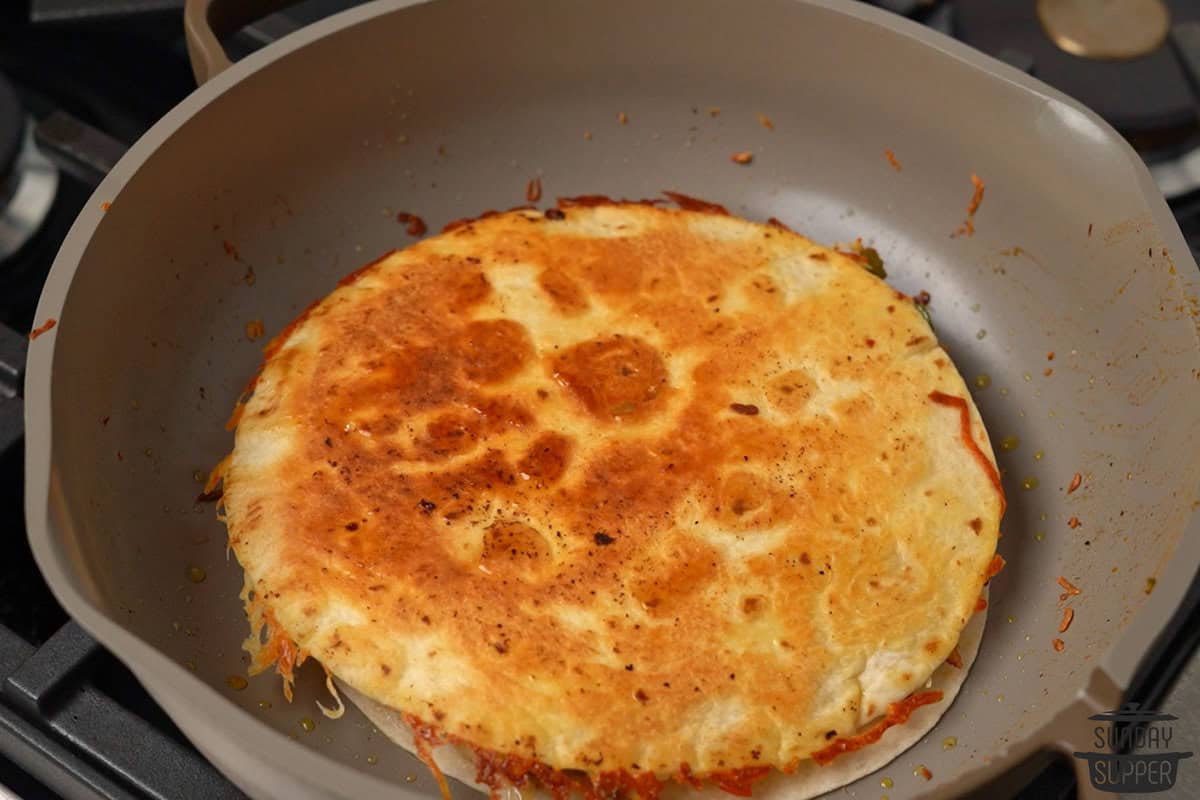 the toasted quesadilla in the pan