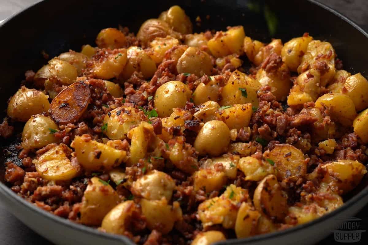 nicely browned corned beef hash in a pan