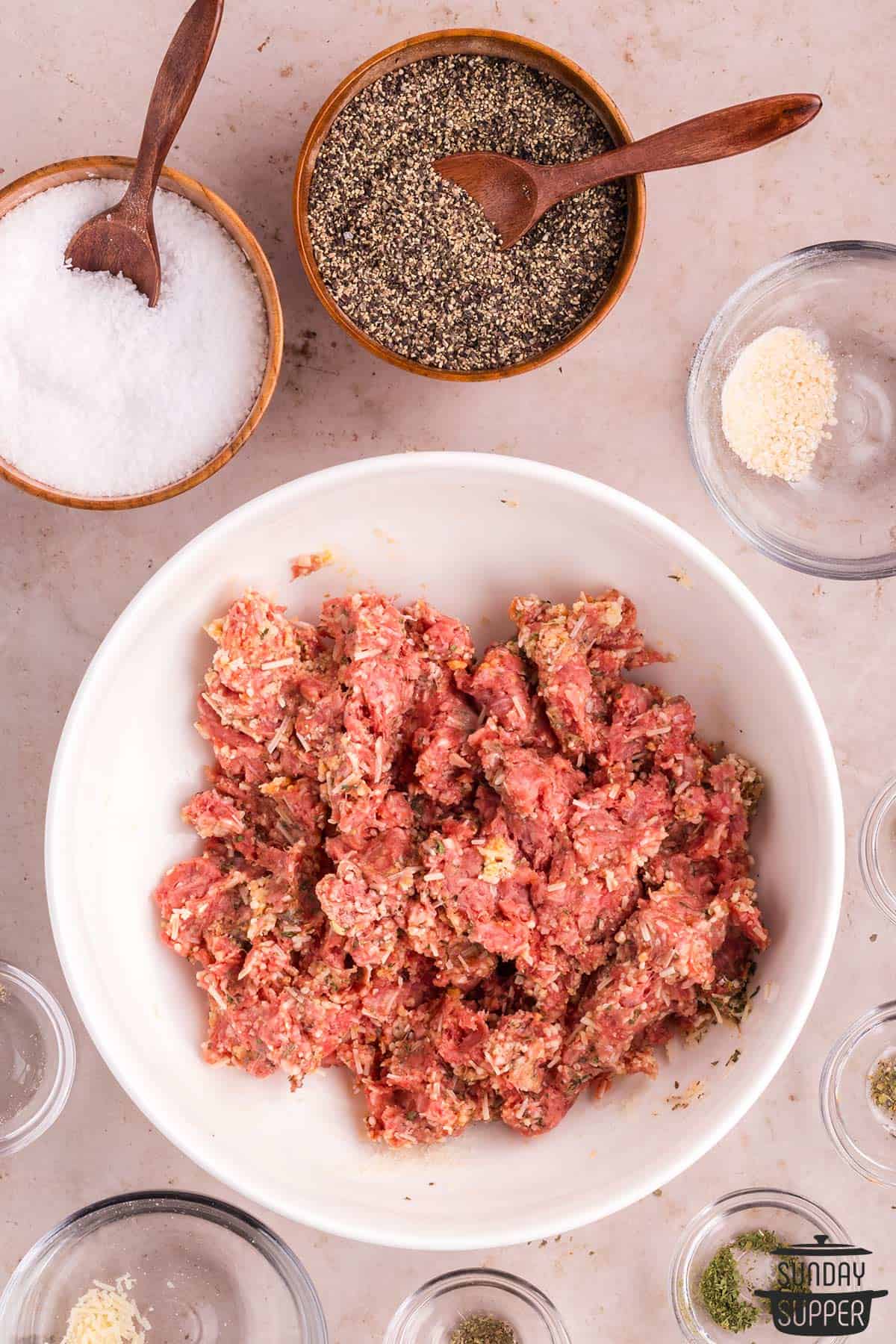 the meatball mixture in a bowl after being mixed