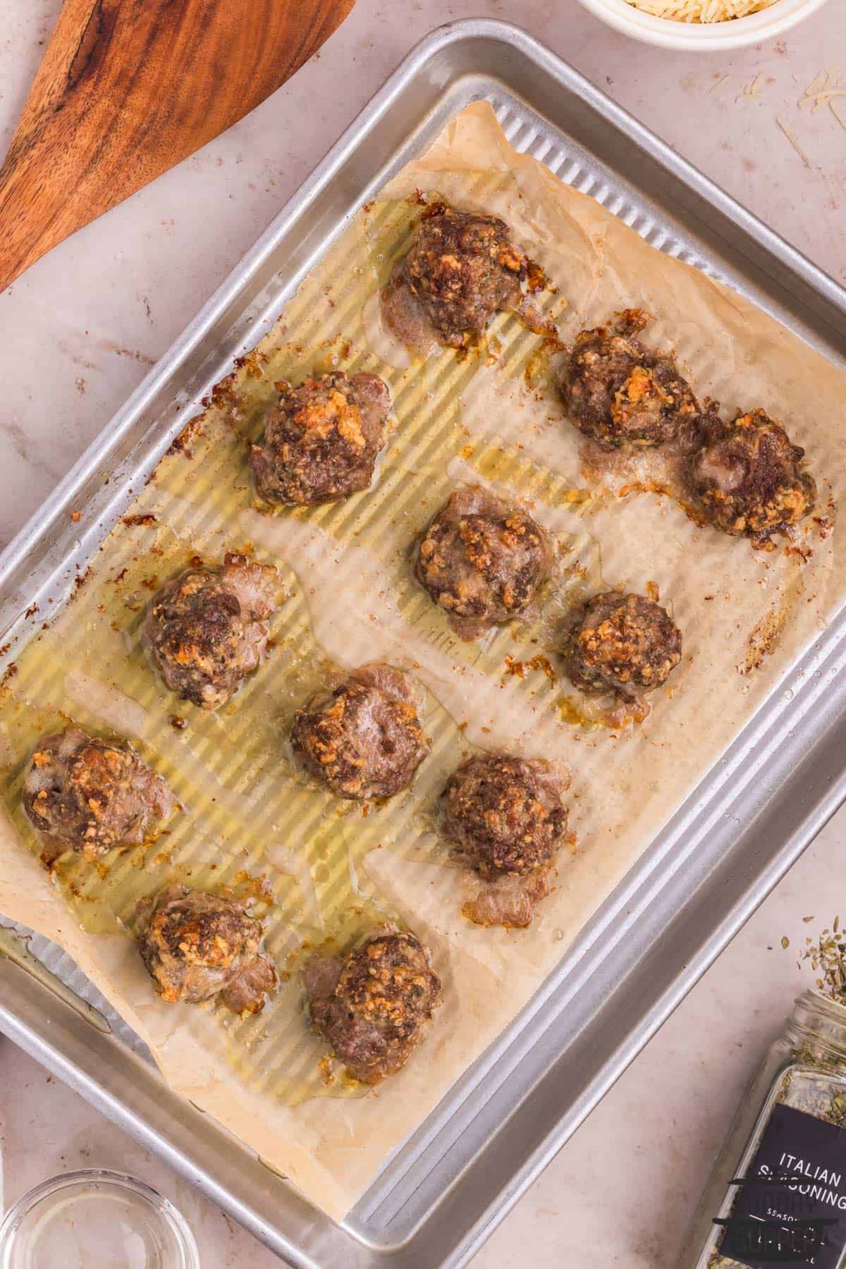 baked meatballs on a baking sheet