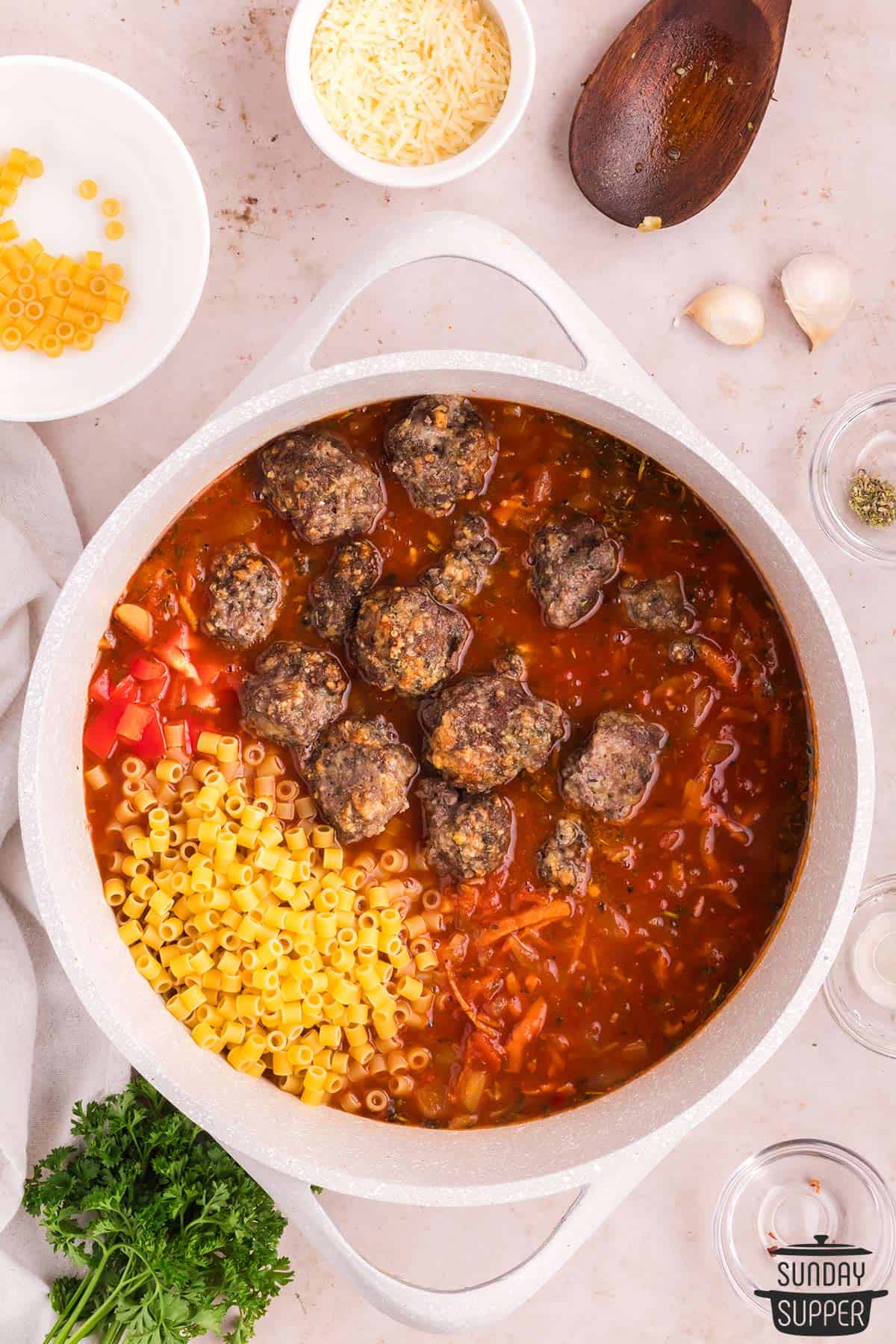 the pasta and meatballs added to the soup