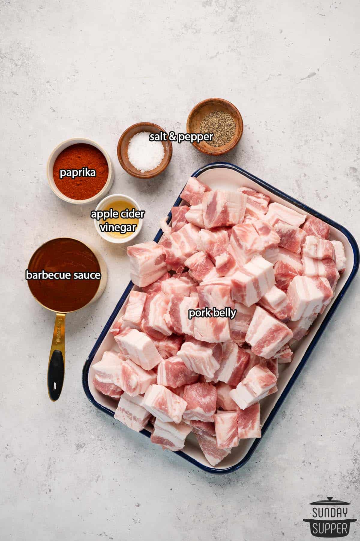 ingredients for oven pork belly burnt ends with labels