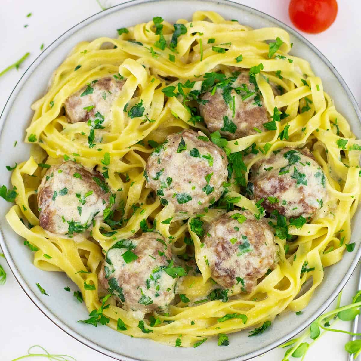 saucy egg noodles with swedish meatballs