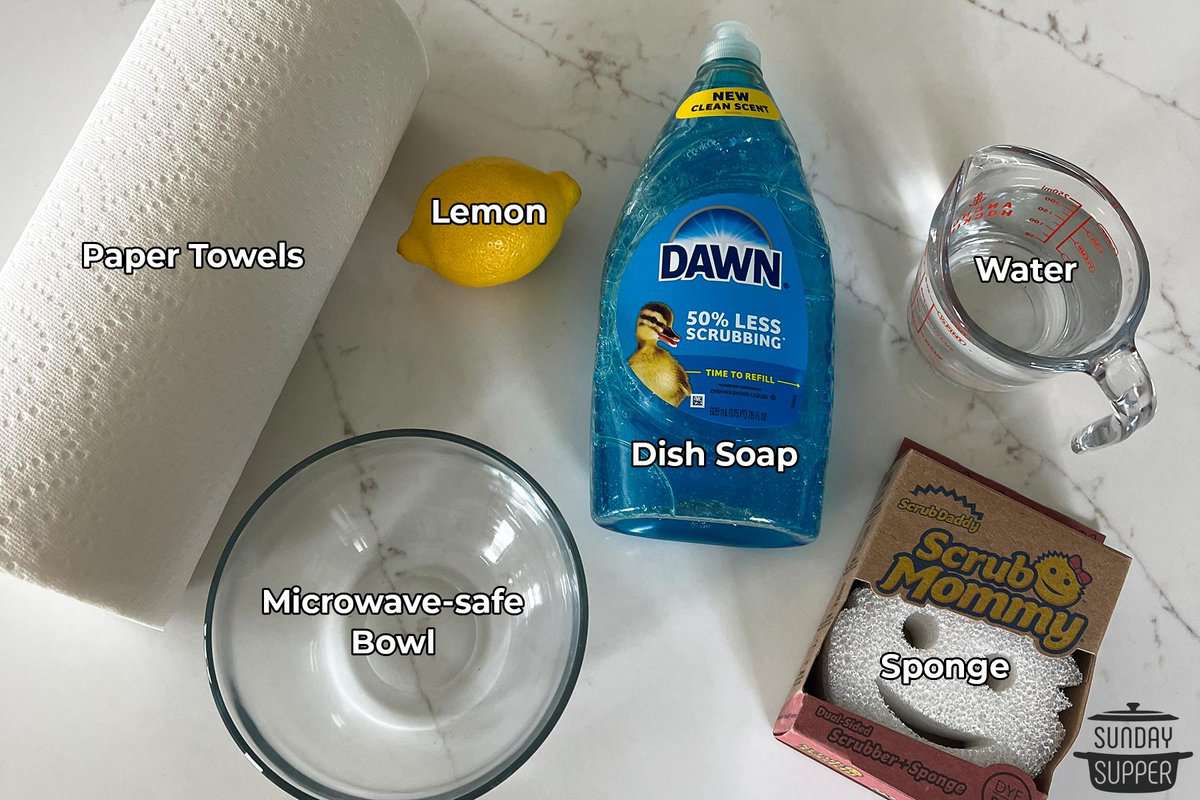 all of the tools needed to clean a microwave with labels