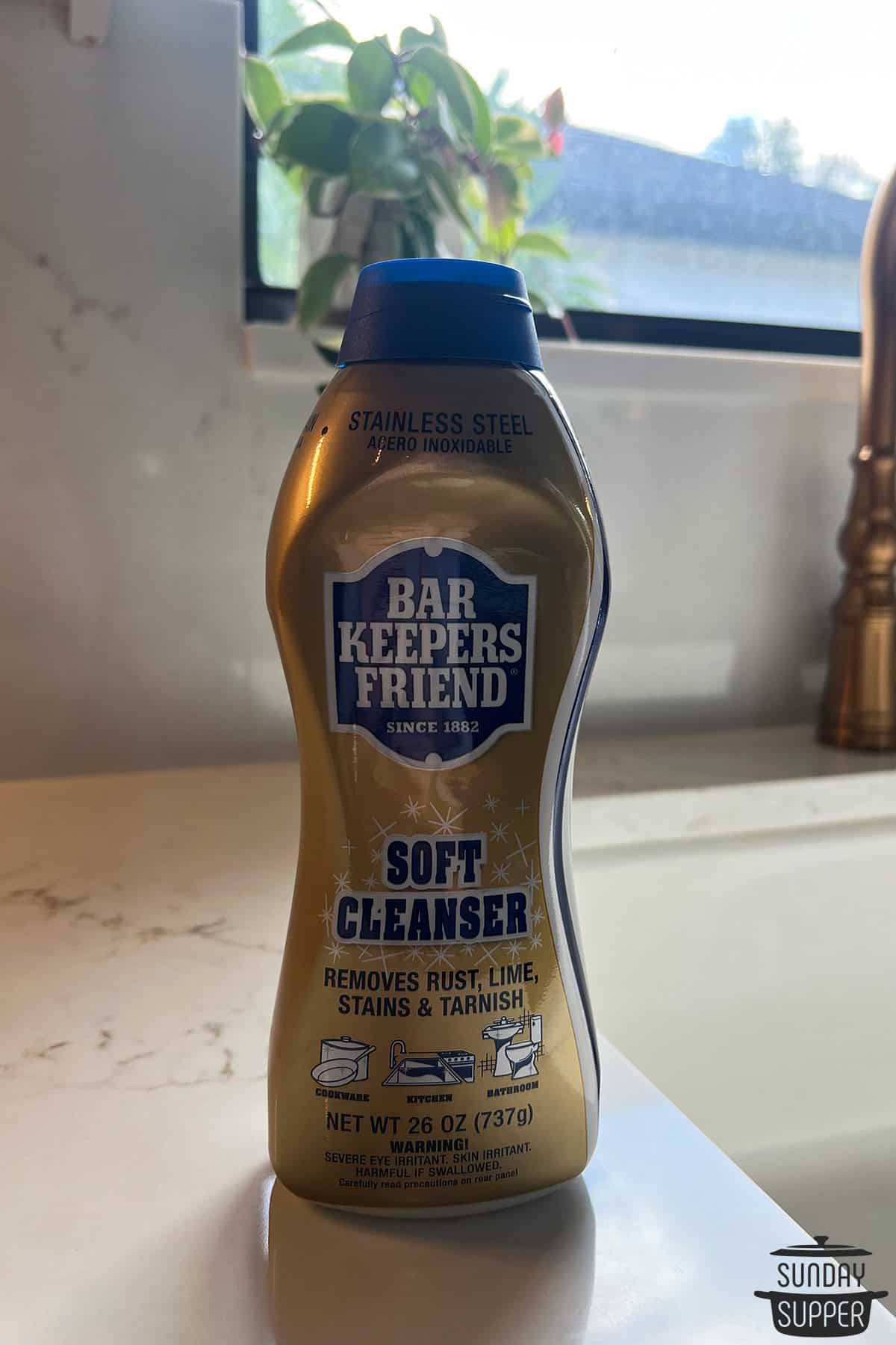 a bottle of bark keeper's friend on a counter