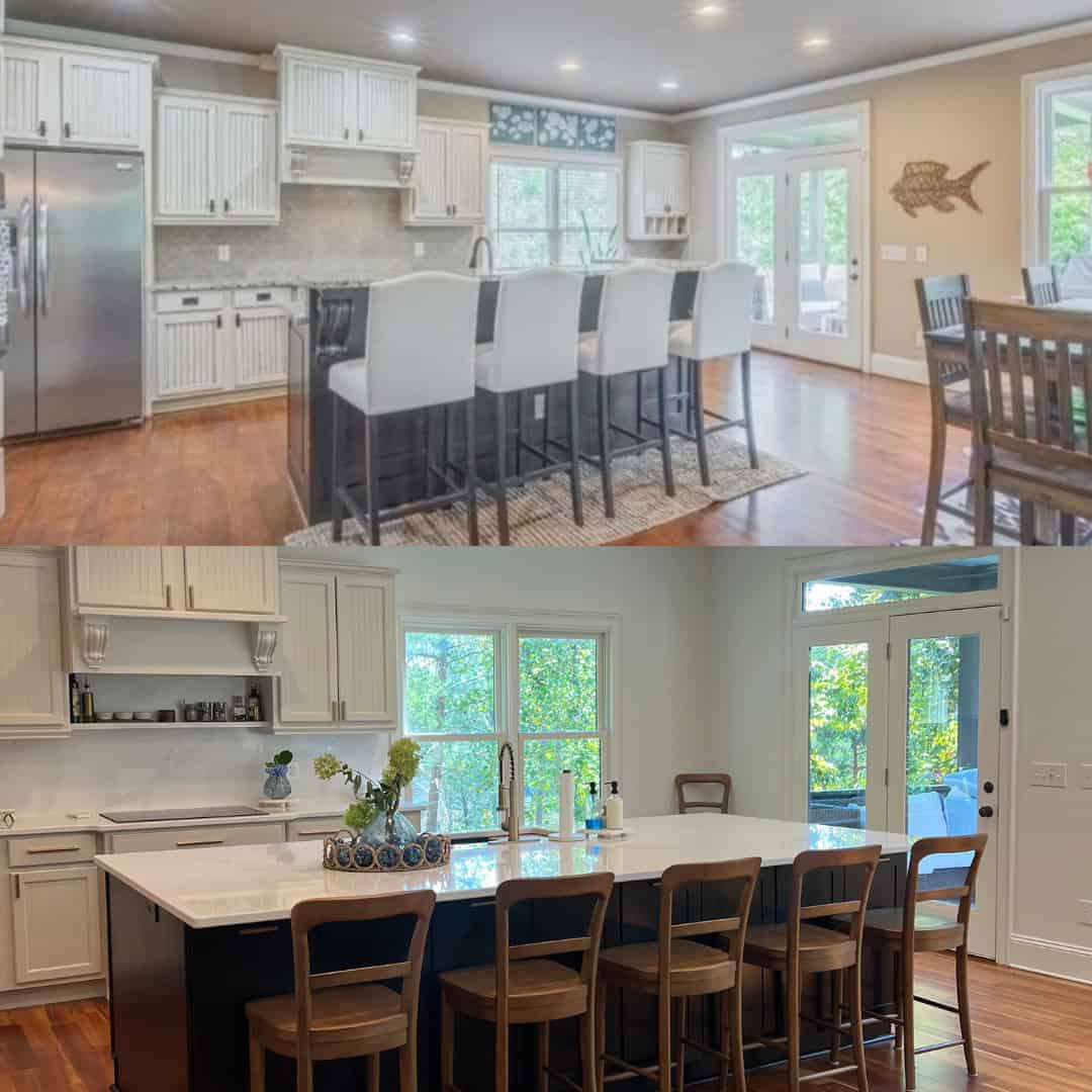 kitchen before and after showing island