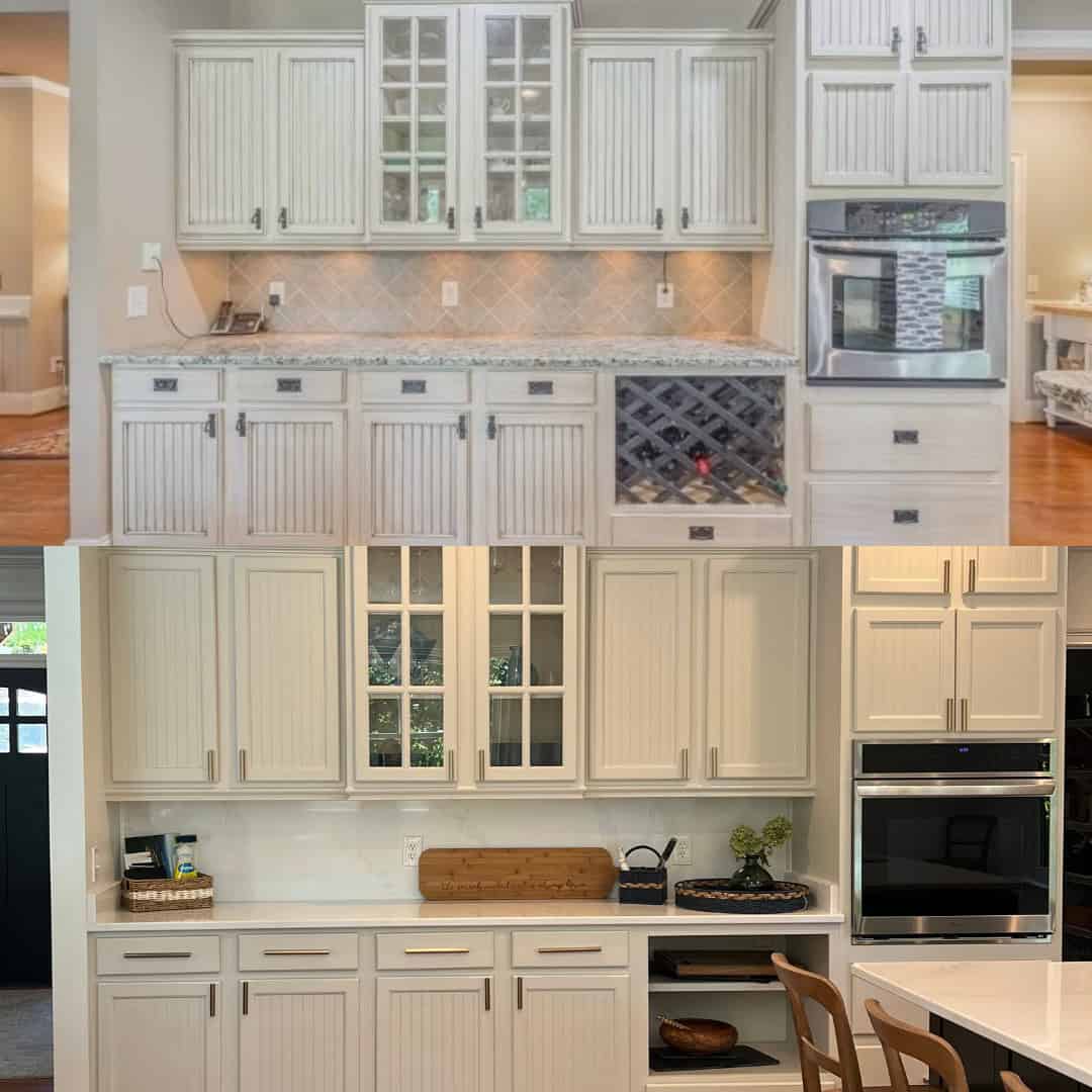 kitchen before and after showing counters and cabinets