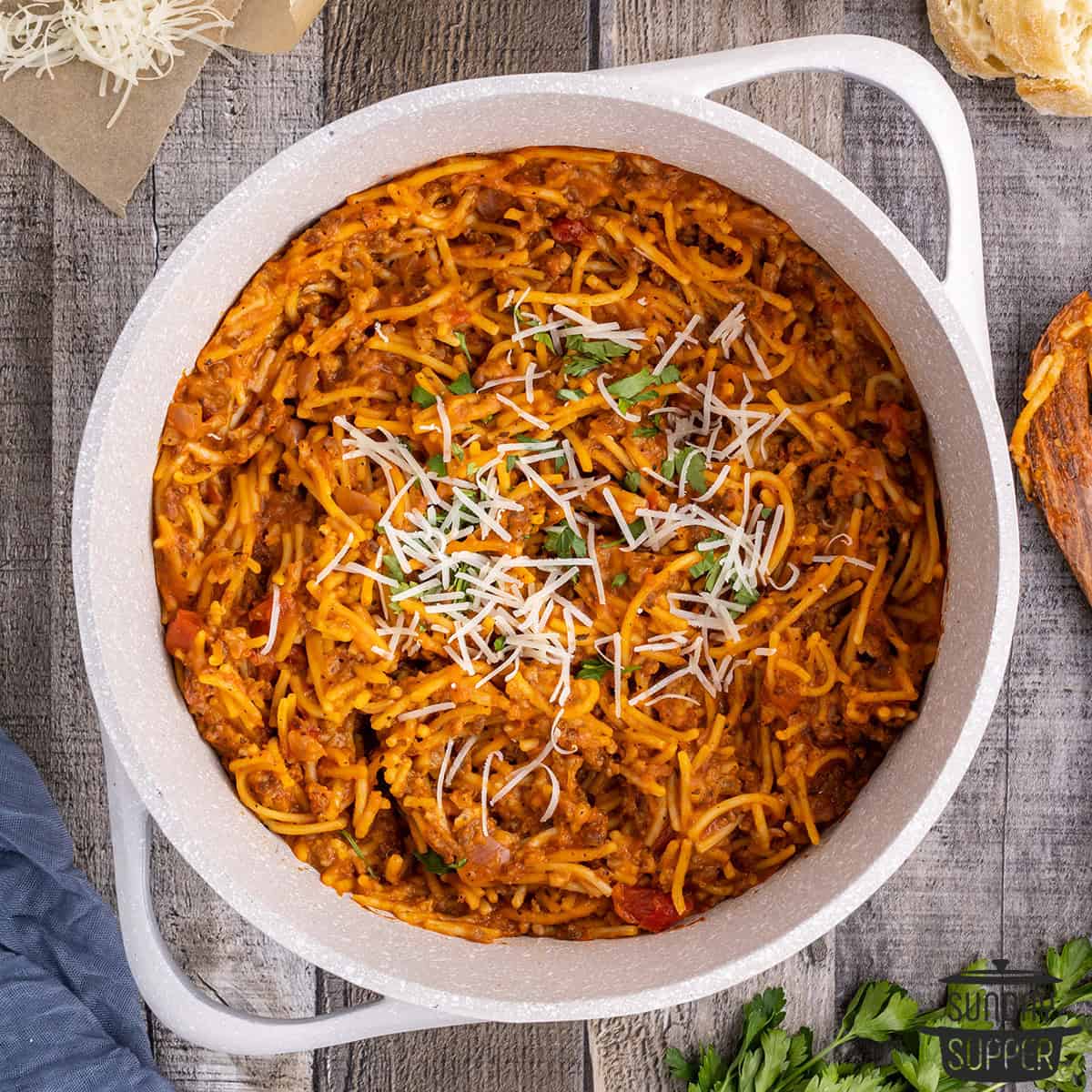 a top down view of a pot of spaghetti