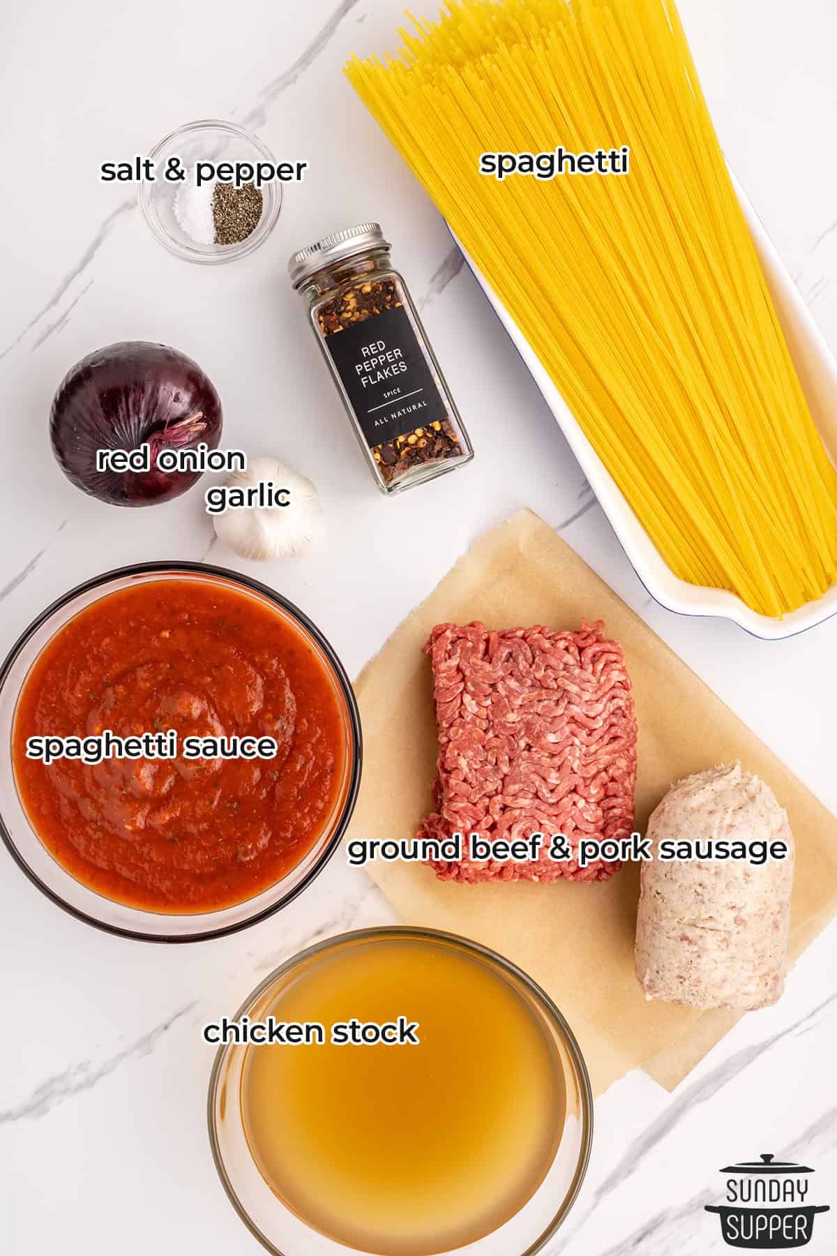 all the ingredients for one pot spaghetti