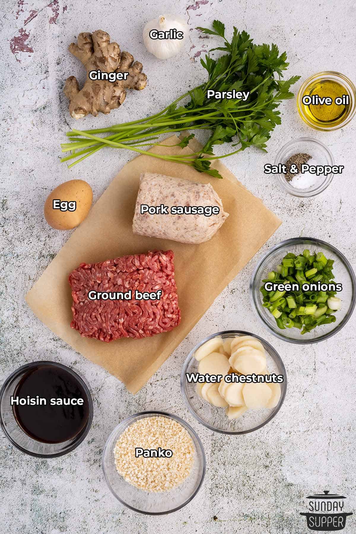all the ingredients for asian meatballs with labels