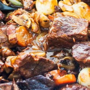 beef bourguignon up close in the pot