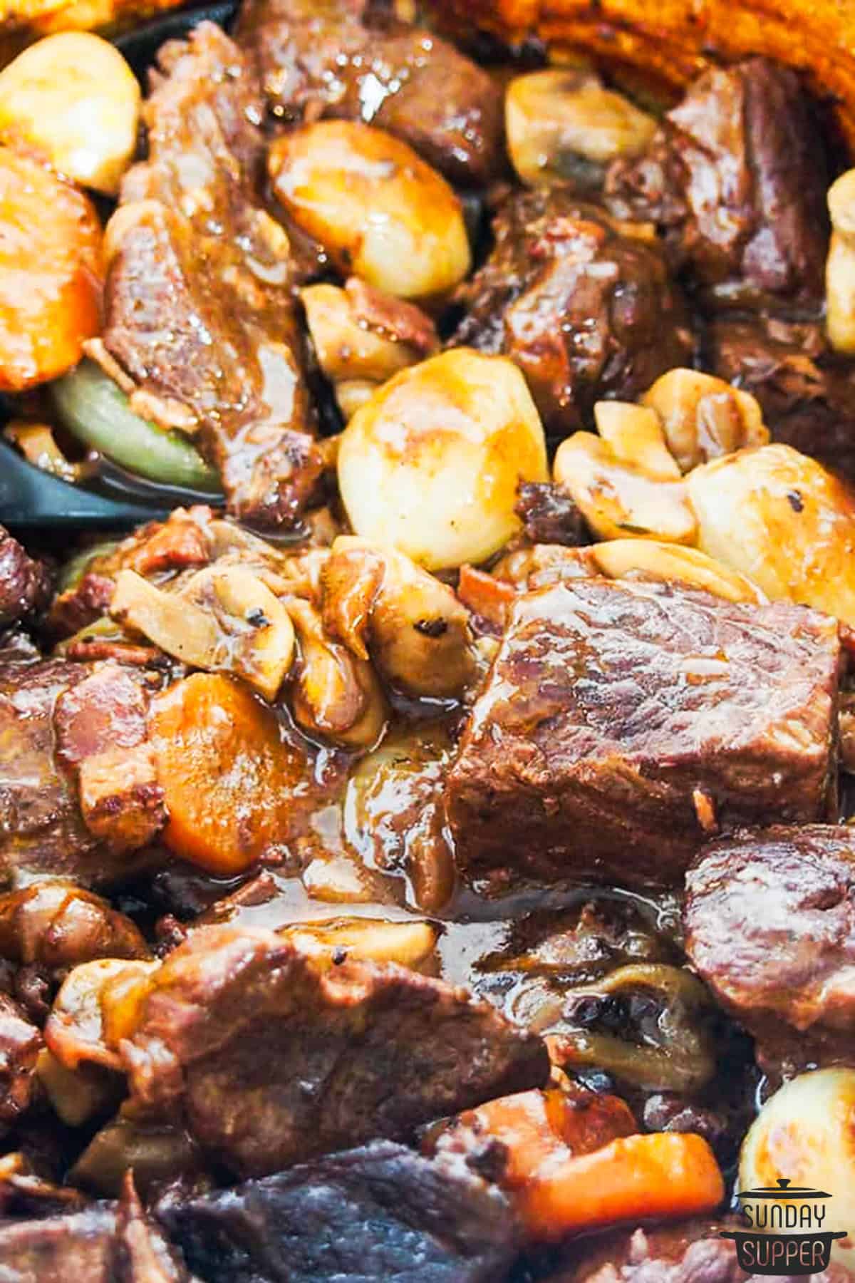 beef bourguignon in the pot