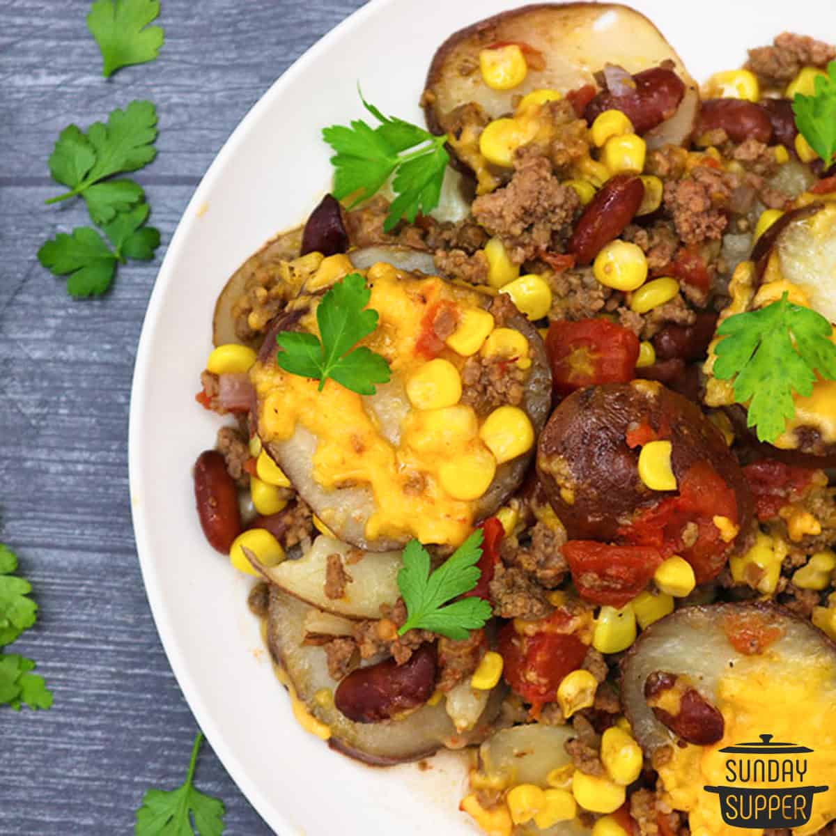 a plate of cowboy casserole and parsley