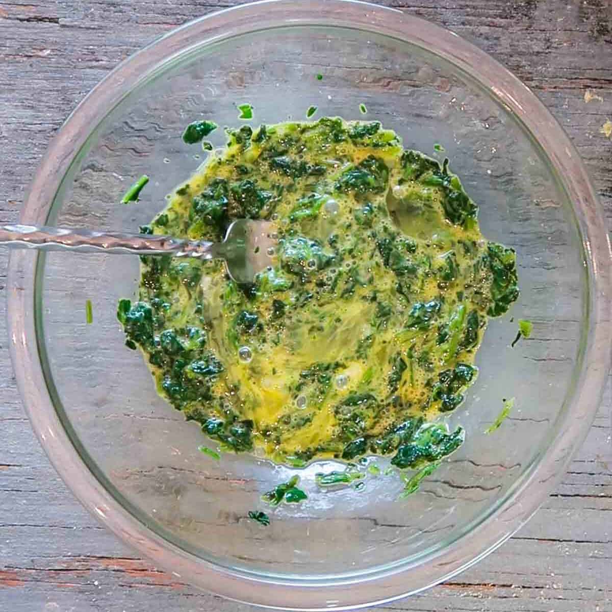 spinach mixed with egg for Italian wedding soup