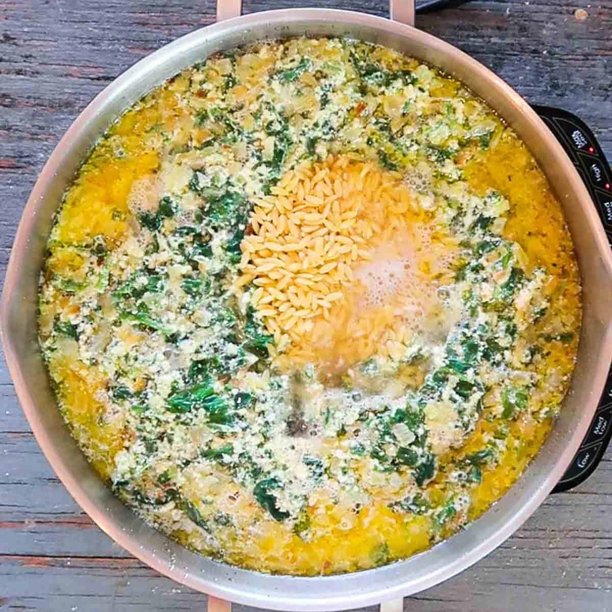 Adding orzo to Italian wedding soup