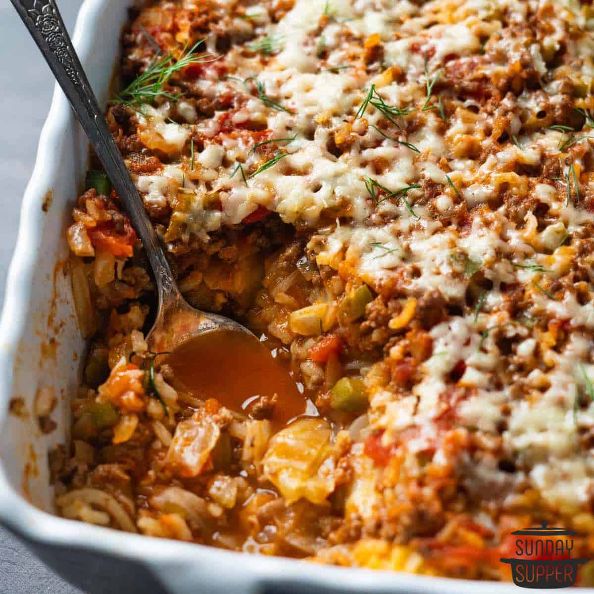 a casserole dish full of stuffed cabbage casserole