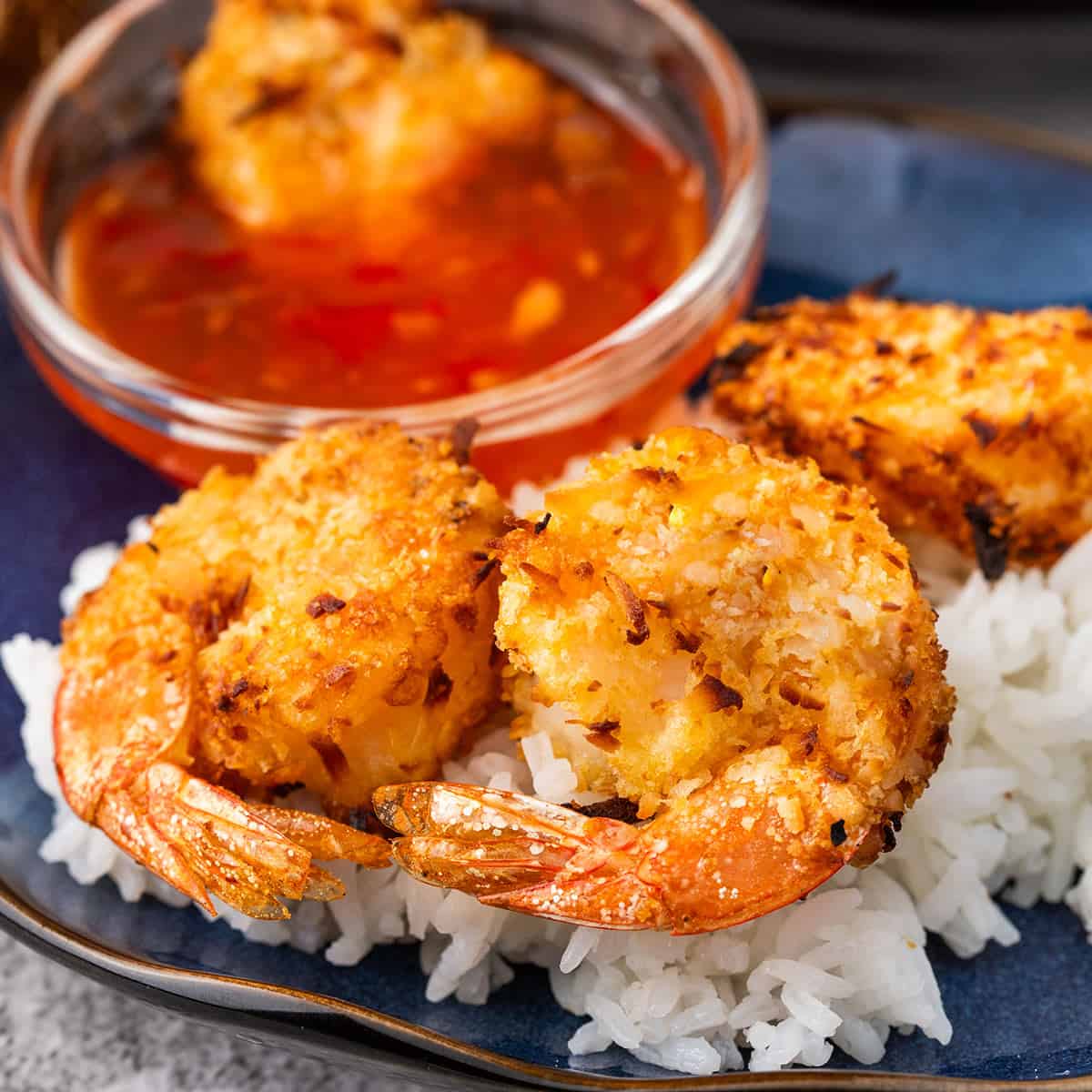 a plate of air fryer coconut shrimp, sauce, and rice