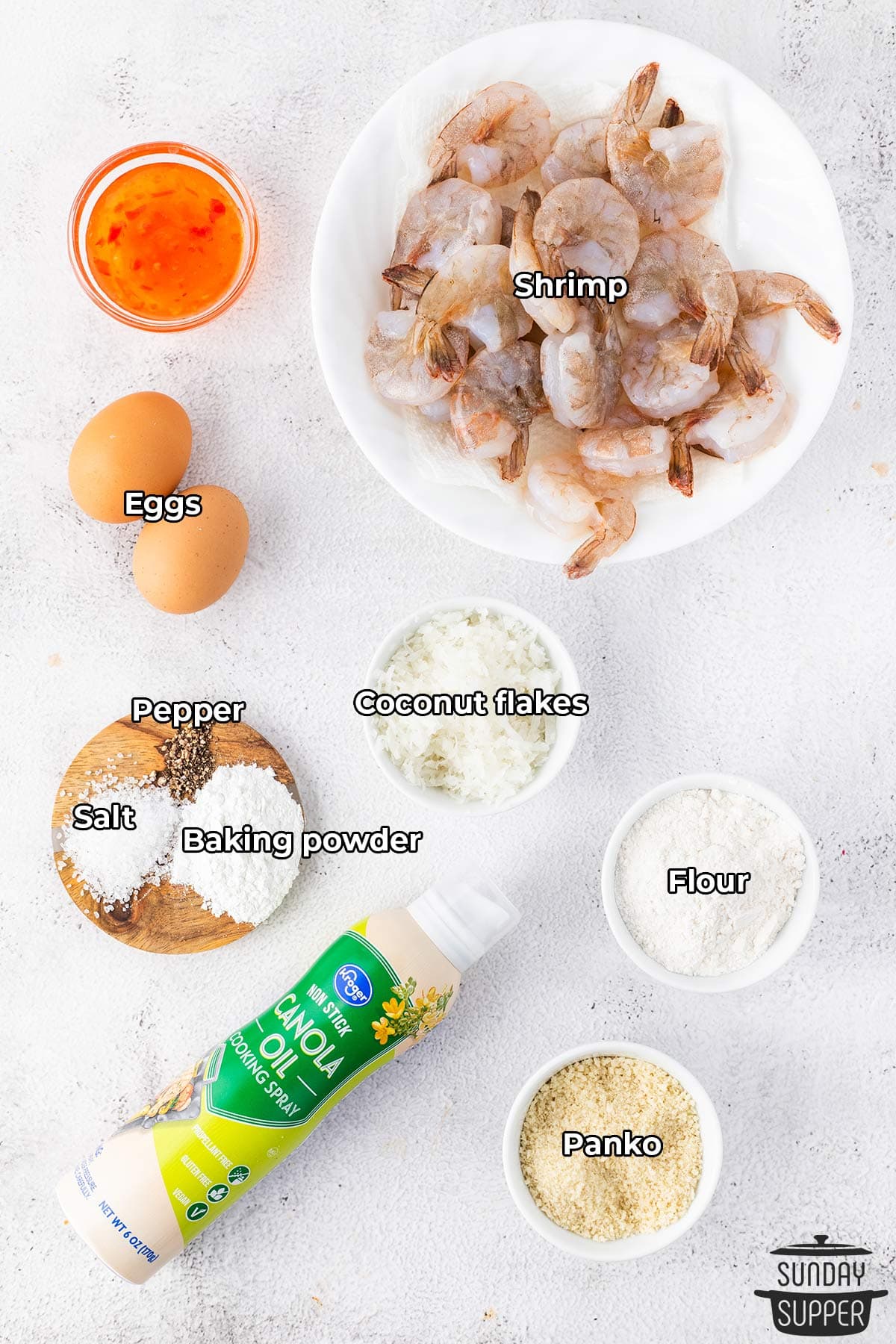 all the ingredients for air fryer coconut shrimp with labels