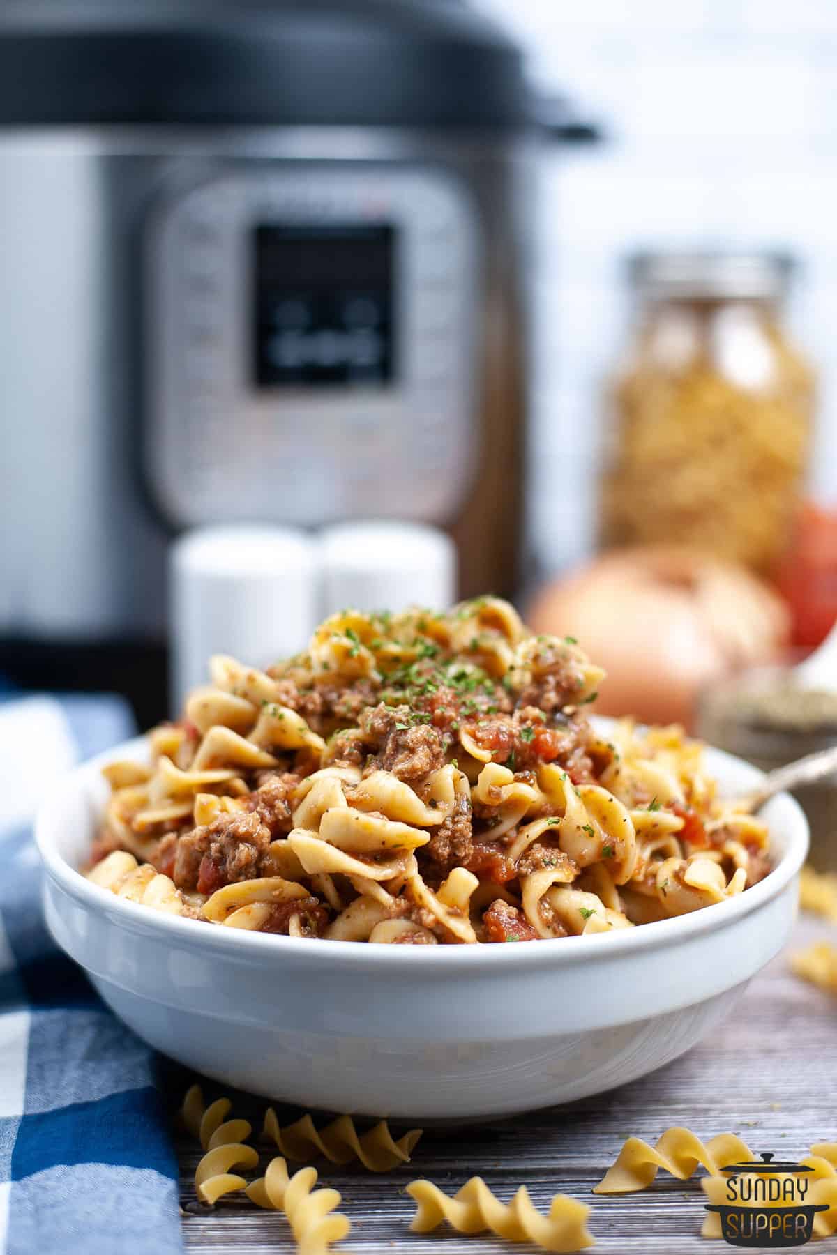 a serving bowl of beef goulash