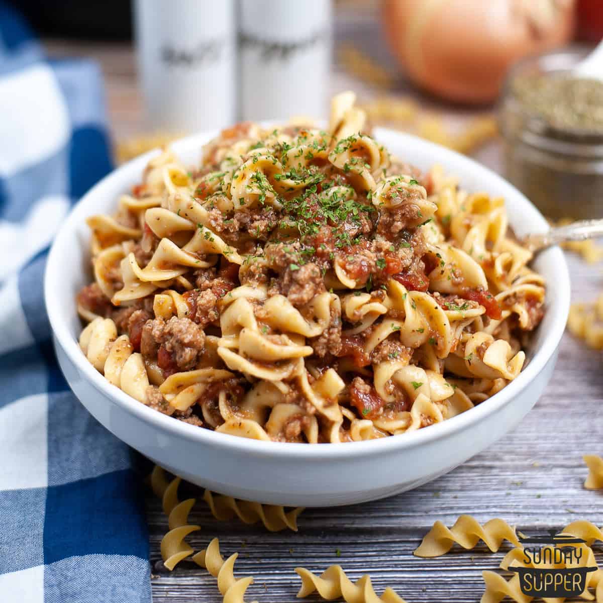 a big bowl of completed goulash with beef