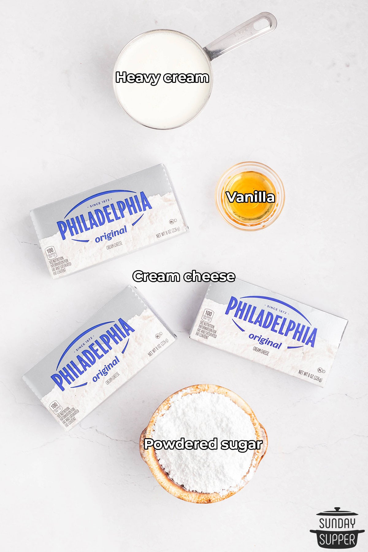 the ingredients for cream cheese frosting with labels