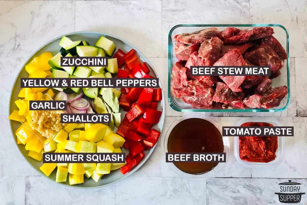 all the ingredients for slow cooker beef and vegetable stew