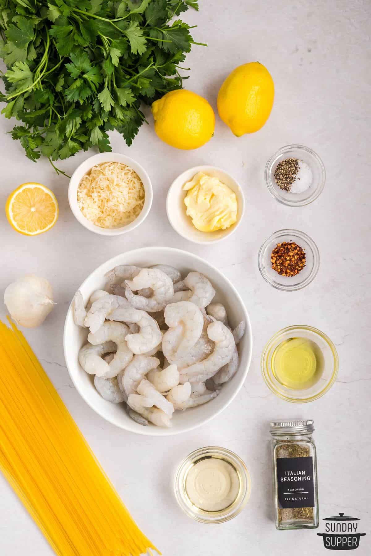 ingredients for garlic butter noodles with shrimp