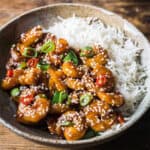 sweet chili sauce shrimp in a bowl with rice