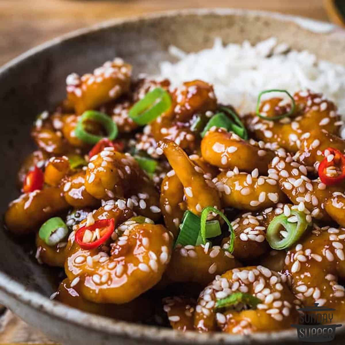 a bowl of sweet chili sauce prawns