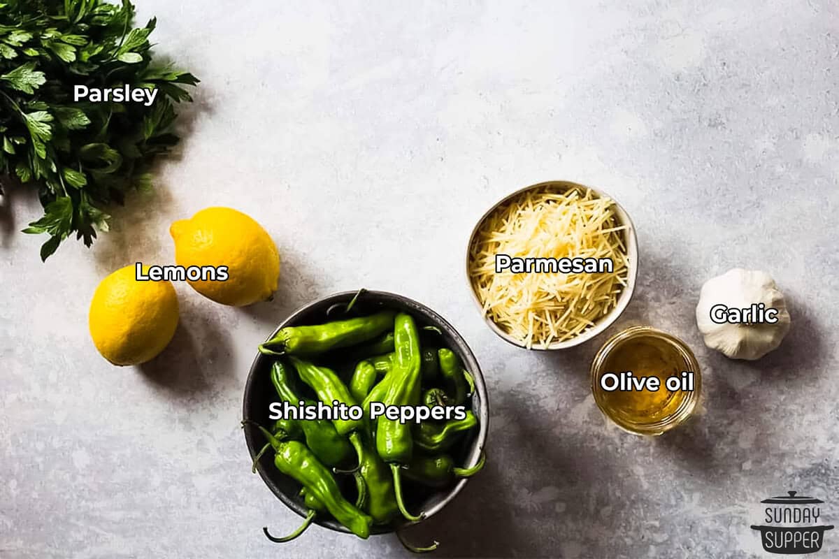 all the ingredients for blistered shishito peppers and citrus pesto