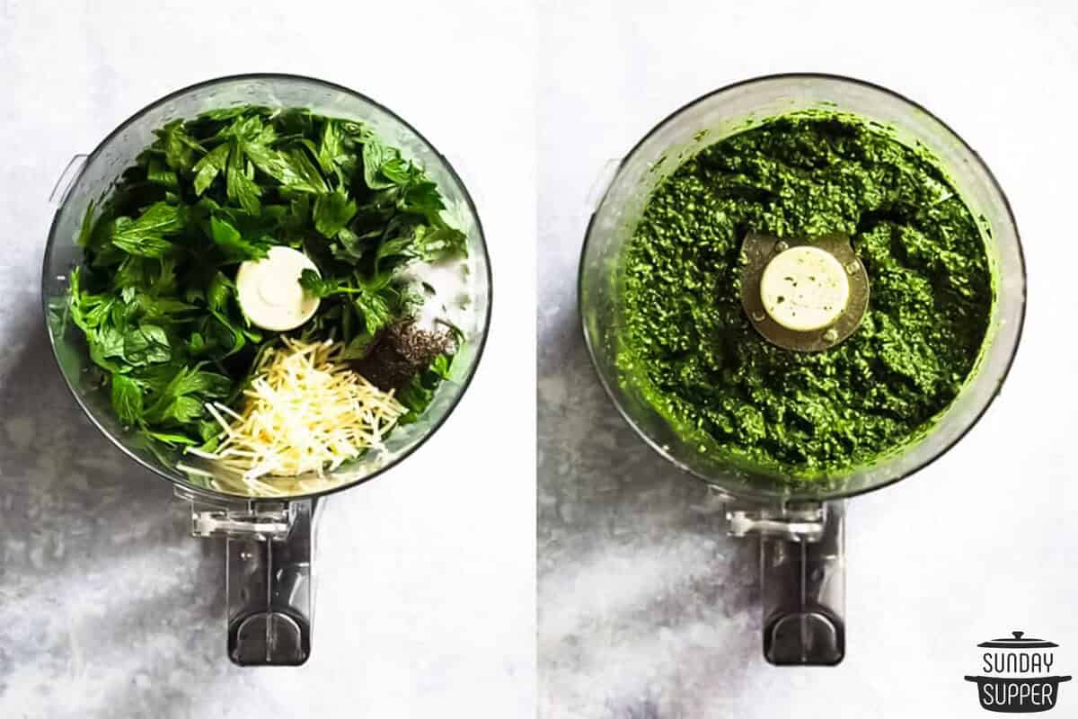 a side by side image of pesto ingredients in a blender and then blended pesto in a blender