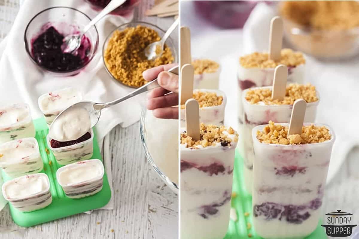 cheesecake popsicle ingredients being layered into popsicle molds
