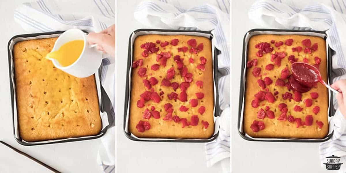 lemon jello, raspberries and compote being added to the cake