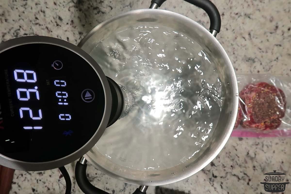 the sous vide machine heated up and ready