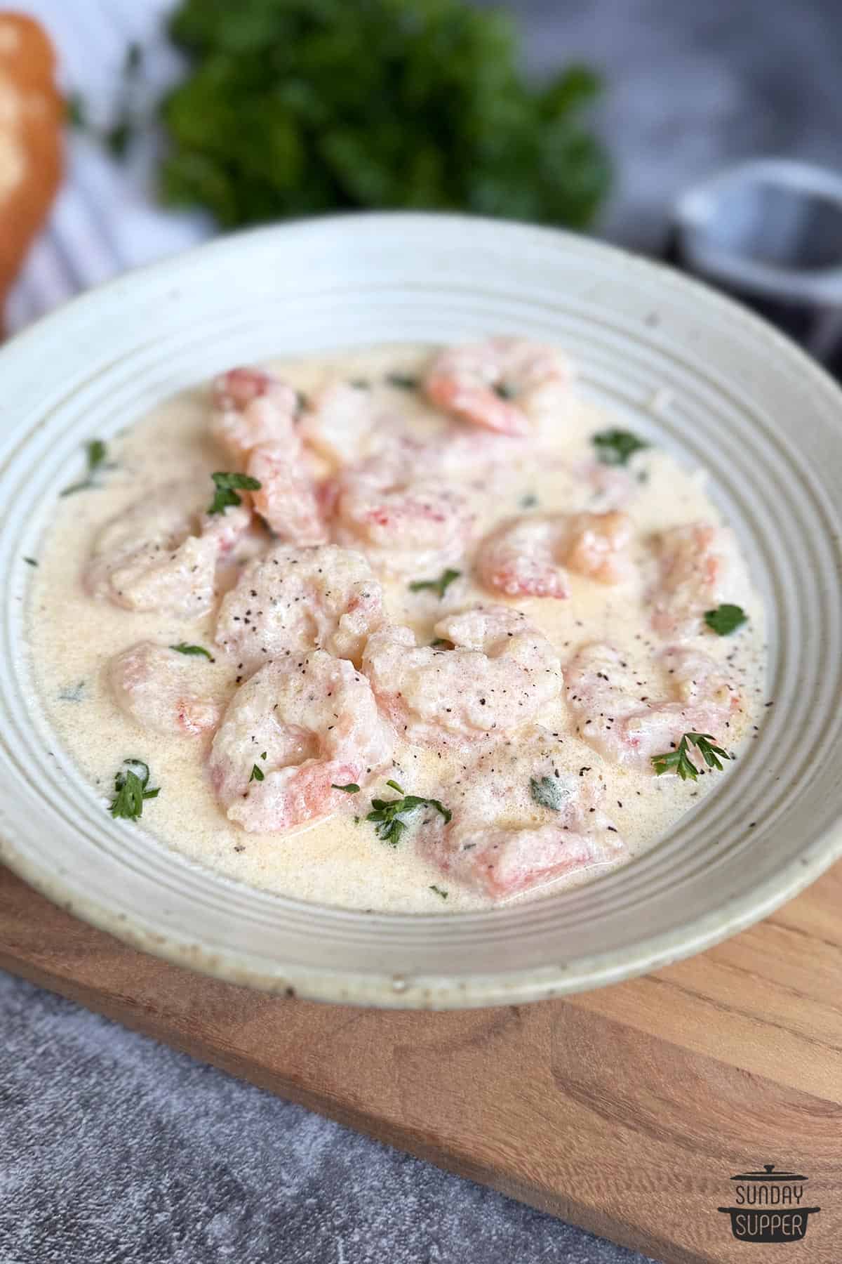 up close bowl of creamy shrimp