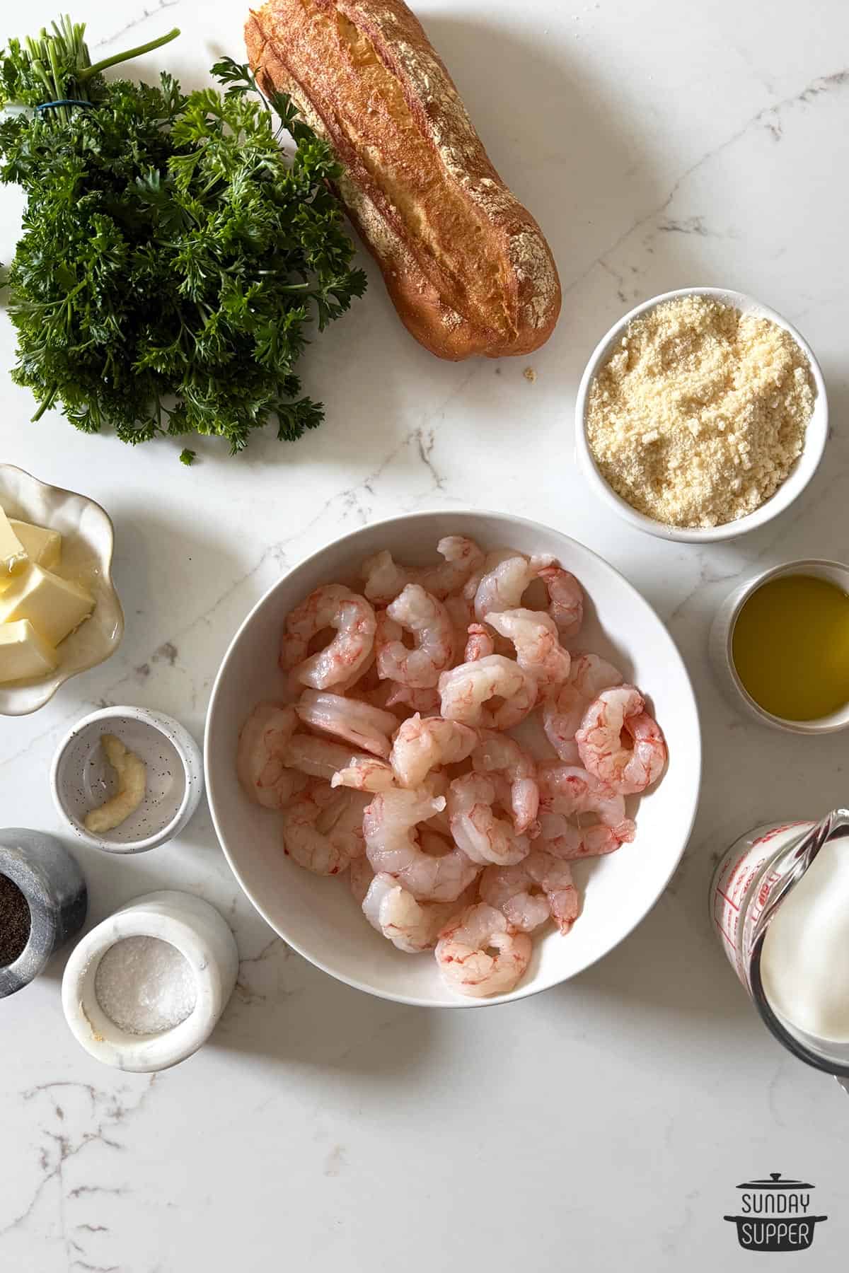 creamy shrimp ingredients in bowls